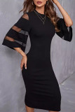 Daily Solid Color See-through O Neck Wrapped Skirt Dresses