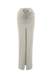 Sexy Solid Color Slit Ruched Flowers High Waist Solid Color Bottoms