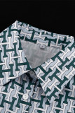 Casual Daily Geometric Print Contrast Turndown Collar Long Sleeve Two Pieces