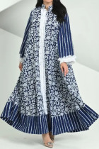 Casual Striped Print Flowers Patchwork Tassel Mandarin Collar Long Sleeve Dresses