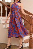 Vacation Geometric Print Lace Up Contrast Halter Sleeveless Dresses