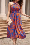 Vacation Geometric Print Lace Up Contrast Halter Sleeveless Dresses