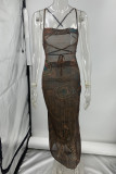 Sexy Geometric Print Backless Slit Strap Design Sling Dresses