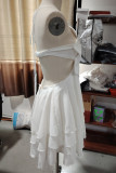 Sexy Solid Color Backless Ruffle Flowers Halter Cake Skirt Dresses