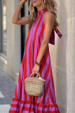 Casual Street Striped Print Lace Up Backless Contrast Halter Sleeveless Dresses