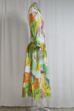 Casual Floral Print Lace Up Buckle Patchwork Contrast Turndown Collar A Line Dresses
