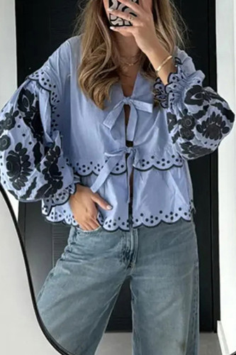Casual Solid Color Hollow Out Lace Up Patchwork V Neck Tops