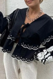 Casual Solid Color Hollow Out Lace Up Patchwork V Neck Tops