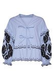 Casual Solid Color Hollow Out Lace Up Patchwork V Neck Tops