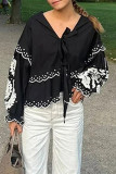 Casual Solid Color Hollow Out Lace Up Patchwork V Neck Tops