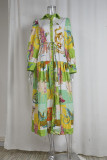 Casual Floral Print Lace Up Buckle Patchwork Contrast Turndown Collar A Line Dresses
