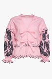 Casual Solid Color Hollow Out Lace Up Patchwork V Neck Tops
