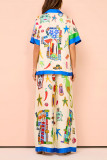 Casual Daily Graffiti Print Pocket Patchwork Contrast Turndown Collar Short Sleeve Two Pieces