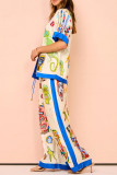 Casual Daily Graffiti Print Pocket Patchwork Contrast Turndown Collar Short Sleeve Two Pieces