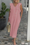 Casual Daily Solid Color Strap Design V Neck Short Sleeve Dresses