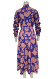 Elegant Floral Pocket Turndown Collar A Line Dresses