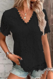 Casual Daily Solid Color Lace V Neck T-Shirts