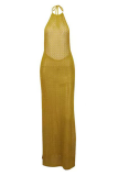 Sexy Solid Color Lace Up Backless Slit Halter Beach Dresses
