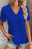 Casual Daily Solid Color Lace V Neck T-Shirts