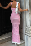 Sexy Stripe Slit Weave V Neck One Step Skirt Dresses