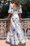 Elegant Print Flowers Flounce Square Collar A Line Dresses