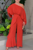 Casual Daily Solid Color Ruffle Oblique Collar Long Sleeve Two Pieces