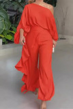 Casual Daily Solid Color Ruffle Oblique Collar Long Sleeve Two Pieces