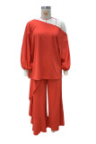 Casual Daily Solid Color Ruffle Oblique Collar Long Sleeve Two Pieces