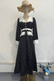 Daily Celebrities Polka Dot Lace With Belt Patchwork Peter Pan Collar A Line Dresses