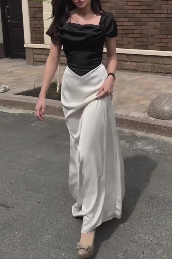 Daily Celebrities Solid Color Patchwork Contrast Square Neck Dresses