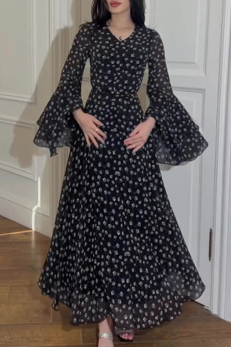 Casual Celebrities Flowers Print Ruffle Irregular V Neck Dresses