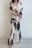 Casual Street Flowers Print Contrast Turndown Collar Long Sleeve Two Pieces
