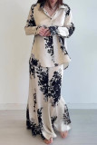 Casual Street Flowers Print Contrast Turndown Collar Long Sleeve Two Pieces