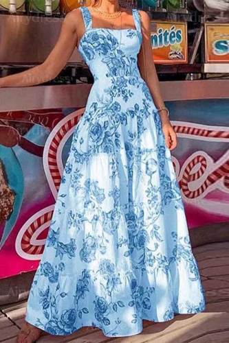 Casual Vacation Flowers Print Square Neck Sling Dresses