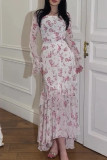 Celebrities Vacation Flowers Print Ruffle Patchwork Square Neck A Line Dresses