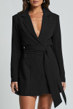 Sexy Formal Solid Color Lace Up Buttons Turn-back Collar Outerwear