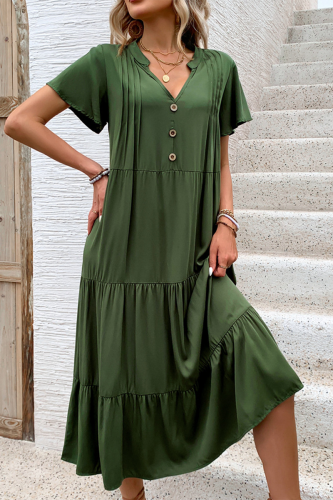 Casual Daily Solid Color Buttons V Neck Short Sleeve Short Sleeve Dress