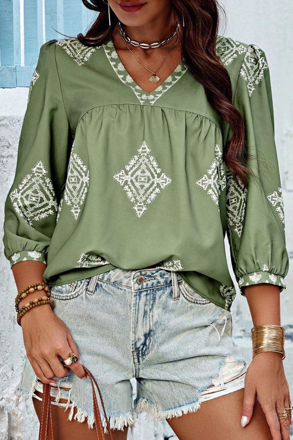 Casual Daily Geometric Print V Neck Tops