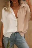 Street Daily Solid Color Buttons Patchwork Contrast Turndown Collar Tops