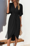 Casual Street Solid Color Ruched V Neck Irregular Dresses