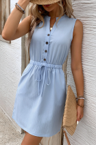 Casual Daily Solid Color Draw String Pocket Buttons Mandarin Collar Sleeveless Dresses