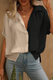 Street Daily Solid Color Buttons Patchwork Contrast Turndown Collar Tops