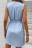 Casual Daily Solid Color Draw String Pocket Buttons Mandarin Collar Sleeveless Dresses