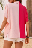 Street Daily Solid Color Buttons Patchwork Contrast Turndown Collar Tops