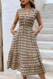 Casual Vacation Geometric Print Pocket Buttons Patchwork V Neck Sleeveless Dresses