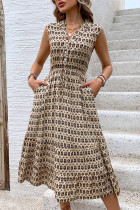 Casual Vacation Geometric Print Pocket Buttons Patchwork V Neck Sleeveless Dresses