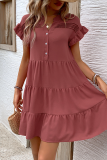 Casual Daily Solid Color Buttons Ruffle V Neck A Line Short Sleeve Dress