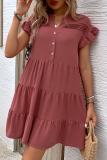 Casual Daily Solid Color Buttons Ruffle V Neck A Line Short Sleeve Dress