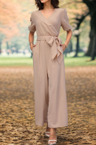 Casual Daily Solid Color Pocket Lace Up V Neck Loose Jumpsuits