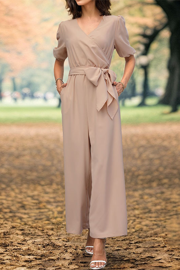 Casual Daily Solid Color Pocket Lace Up V Neck Loose Jumpsuits
